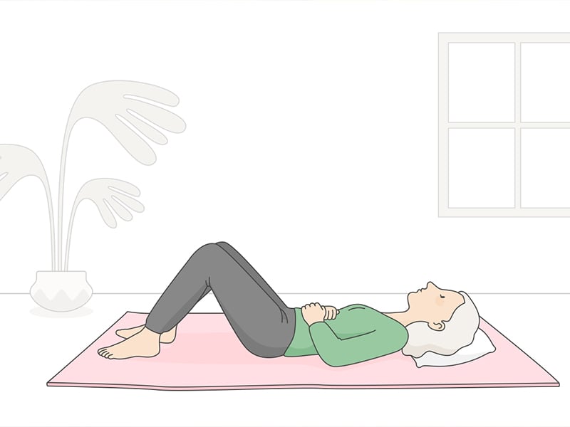 Graphic of aging woman laying on a yoga mat on the floor